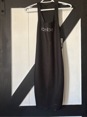 bebe Black Rhinestone Logo Midi Bodycon Dress
